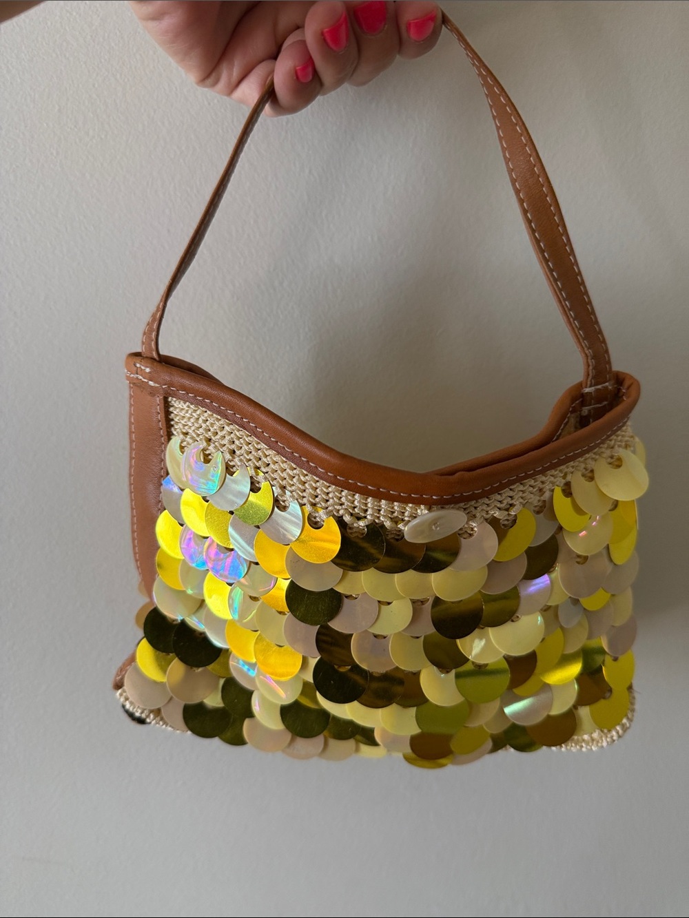 Petro Zillia Yellow Sequin Straw Hand Bag with Tan Trim - Picture 3 of 6